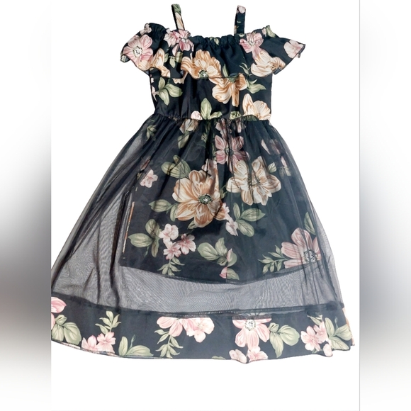 SHEIN Young Girls' Floral Pattern Splice Mesh Romper Dress With Spaghetti Straps - Picture 2 of 9